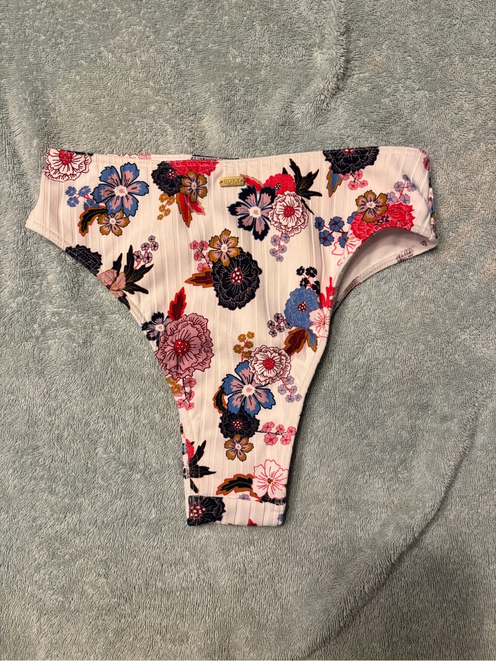 Roxy Cream Floral Ribbed Bikini Bottoms with Pink, Blue & Navy Accents